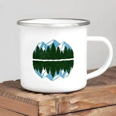 Enamel Camping Mug with Mountain and Forest Design - Estalios